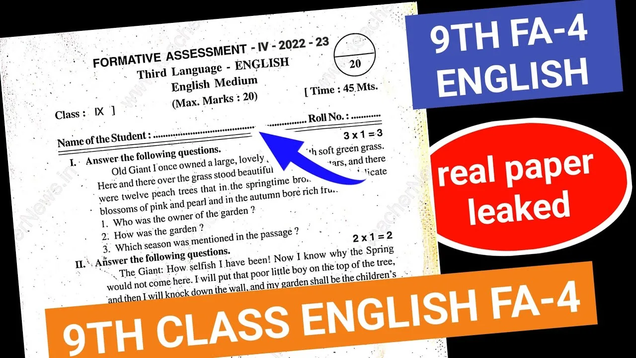 Class 9th english fa 4 question paper 2026 pdf