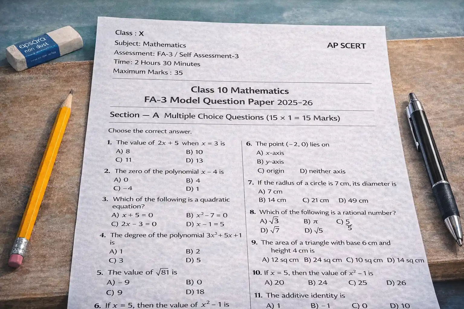 Class 10 Mathematics FA-3 Model Question Paper 2025–26