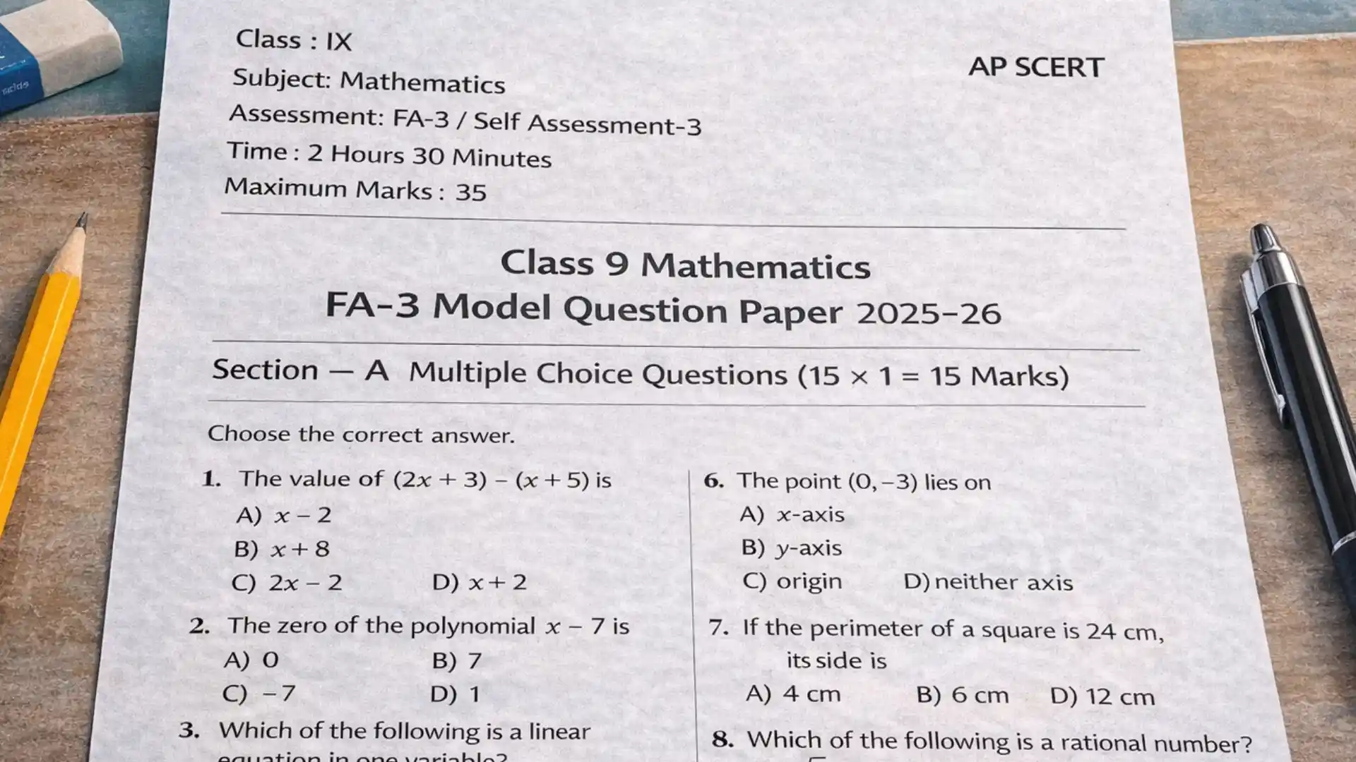 Class 9 Mathematics FA-3 Model Question Paper 2025–26